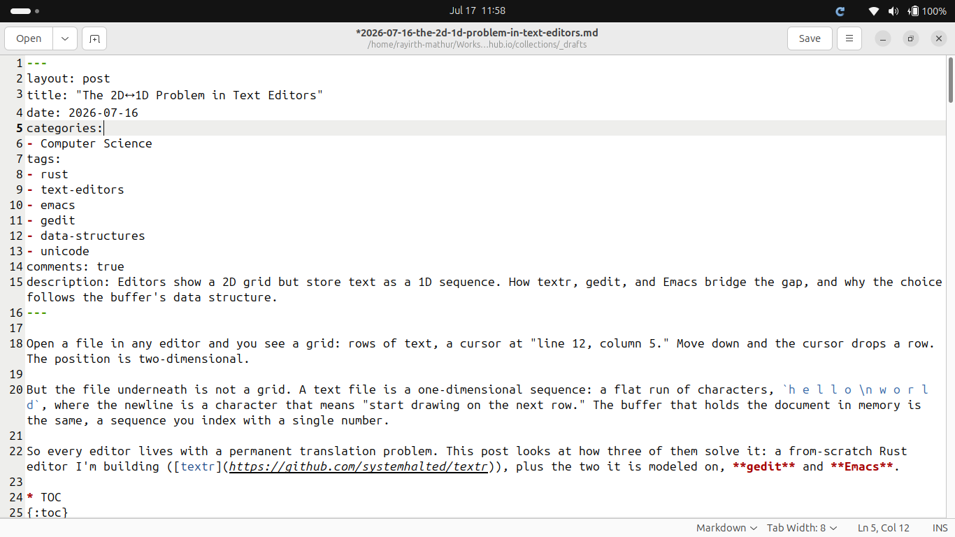 gedit editing the Markdown source of this post, with "Ln 5, Col 12" shown in the status bar