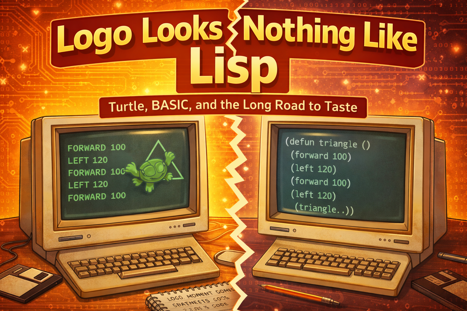 Illustration with two computers - one with Logo code and the other with lisp - for comparison purposes