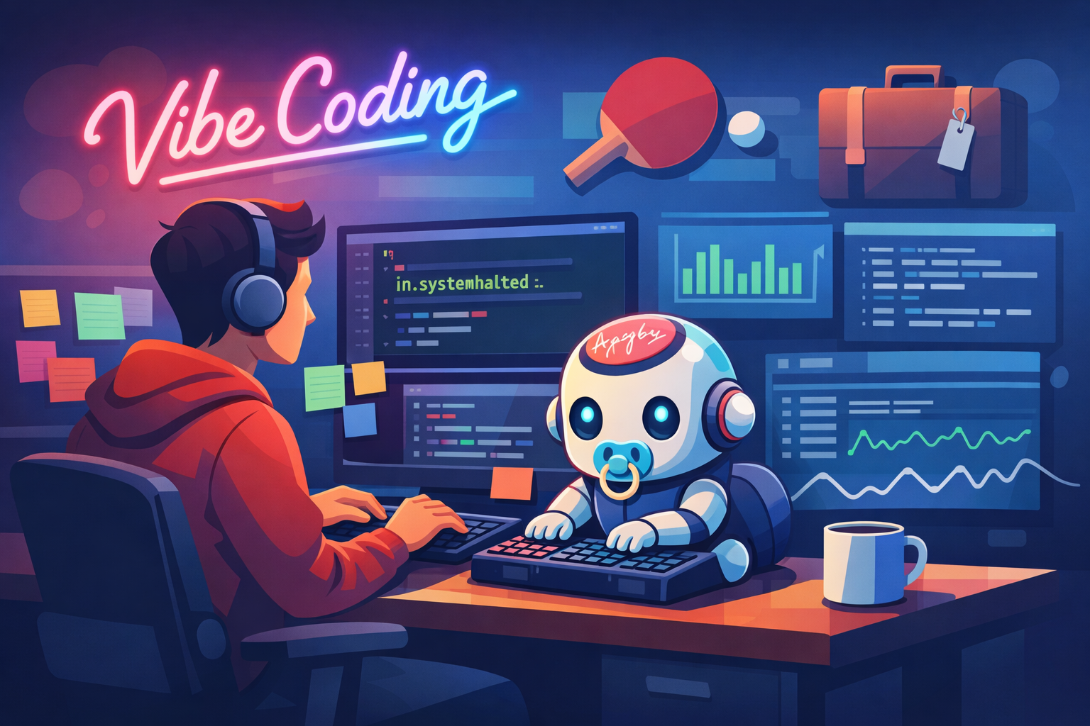 A programmer at a multi monitor desk codes beside a cute 