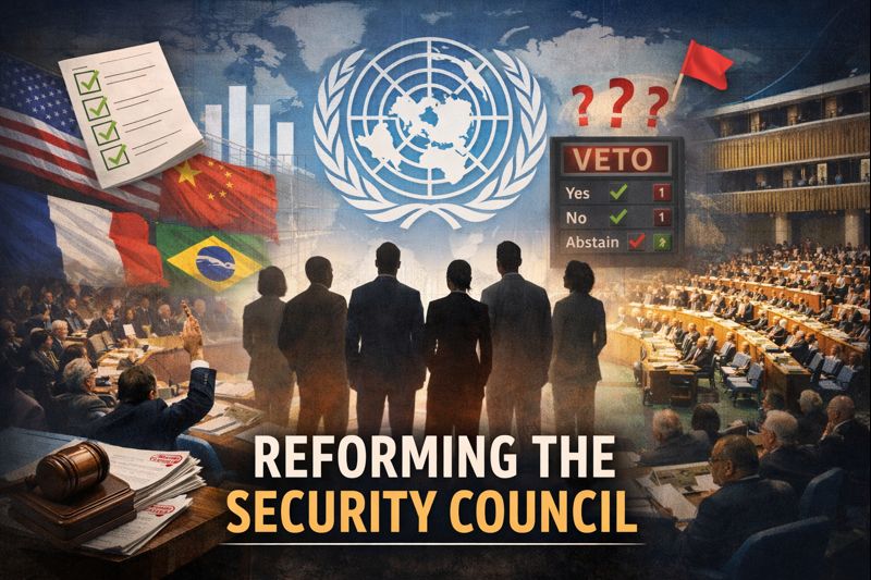 Composite illustration of a UN Security Council session with the UN emblem over a world map, delegates in silhouette facing the chamber, national flags in the background, and a “VETO” vote board and checklist suggesting accountability and reform.