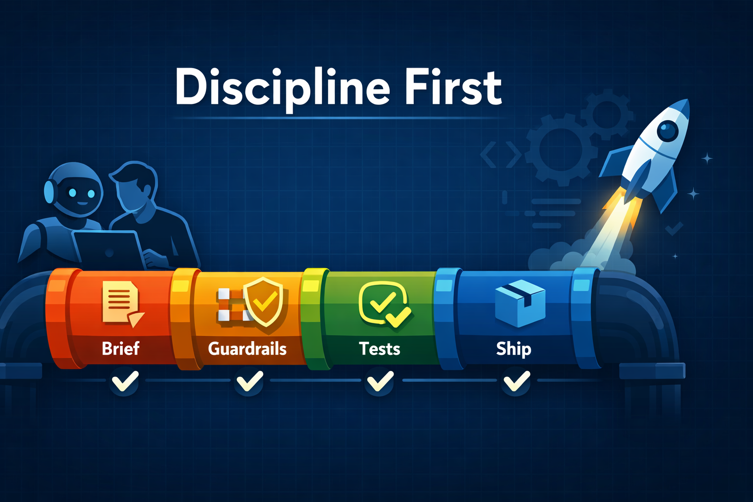 Illustration of a human and an AI collaborating at a laptop beside a colorful pipeline labeled 