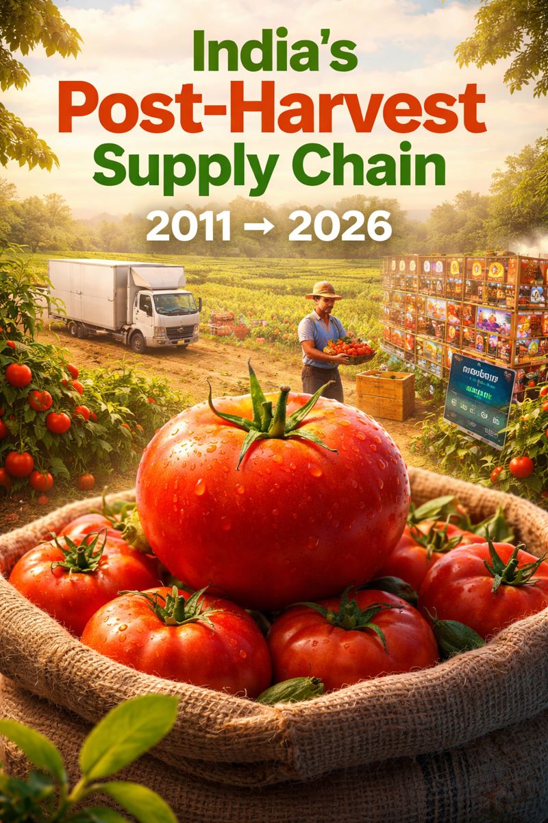 A large, dew-covered tomato in a burlap sack in the foreground, with a farm field, a transport truck, and a market scene behind it, illustrating India’s post-harvest supply chain from 2011 to 2026.