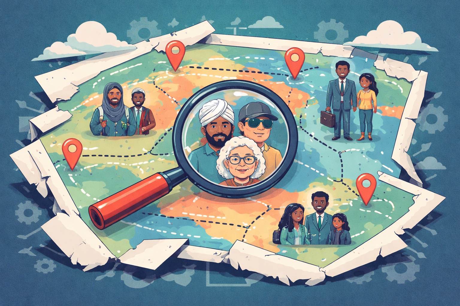 Illustration of diverse people on a map under a magnifying glass