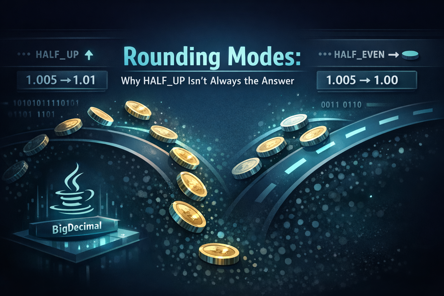 Abstract illustration of rounding in Java: decimal numbers float above a dial labeled HALF_UP and HALF_EVEN, with arrows showing tie-breaking directions and a subtle bias toward HALF_UP.