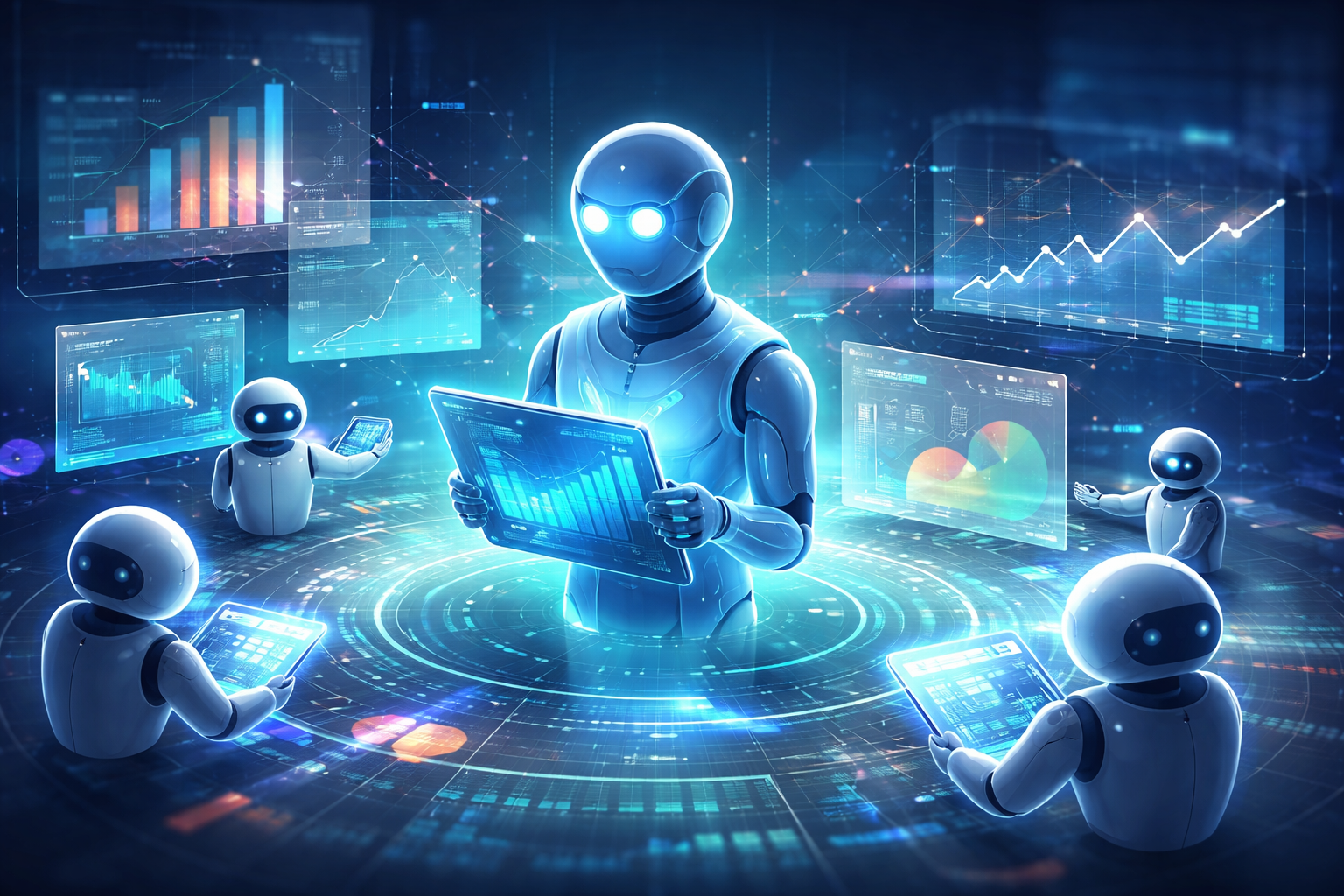 A futuristic illustration of AI insight agents collaborating around a central intelligence, analyzing business data through holographic charts and replacing traditional dashboards with conversational analytics.