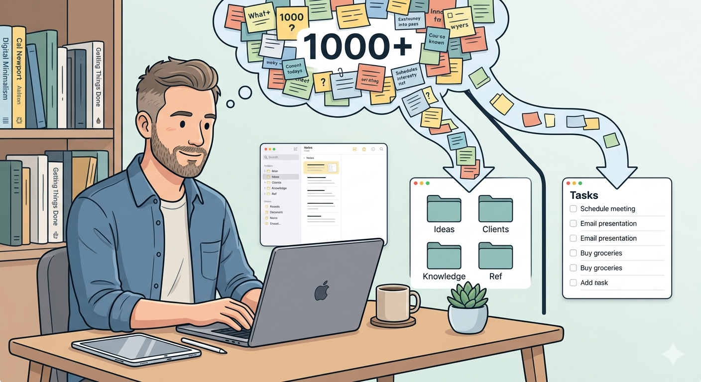 Illustration of a person at a desk working on a MacBook with Apple Notes open. Above them, a thought bubble shows a chaotic mass of more than a thousand colourful sticky notes. Two arrows lead from the bubble: one to a tidy set of folders labelled Ideas, Clients, Knowledge, and Ref; the other to a separate Tasks list with checkbox items like Schedule meeting, Email presentation, and Buy groceries. A bookshelf in the background includes Digital Minimalism and Getting Things Done.