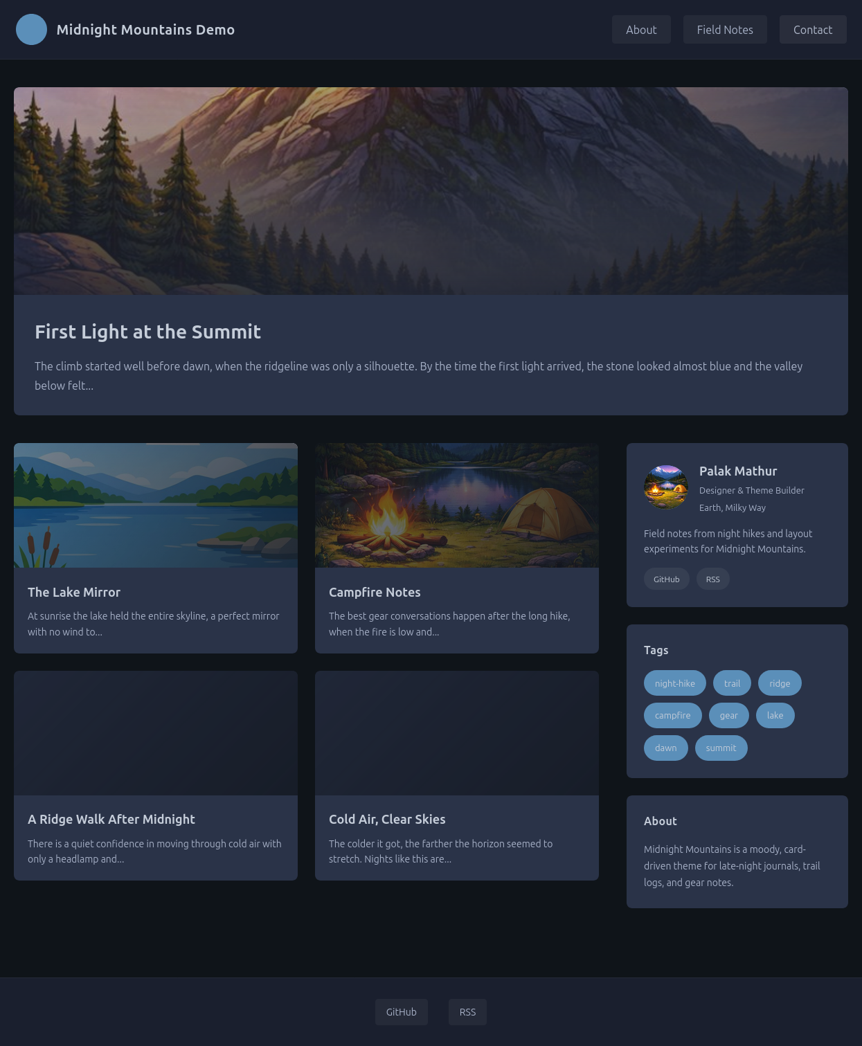 Screenshot of the Midnight Mountains Jekyll theme
