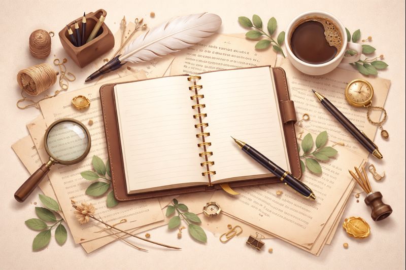 A notebook, pen, and laptop on a writing desk